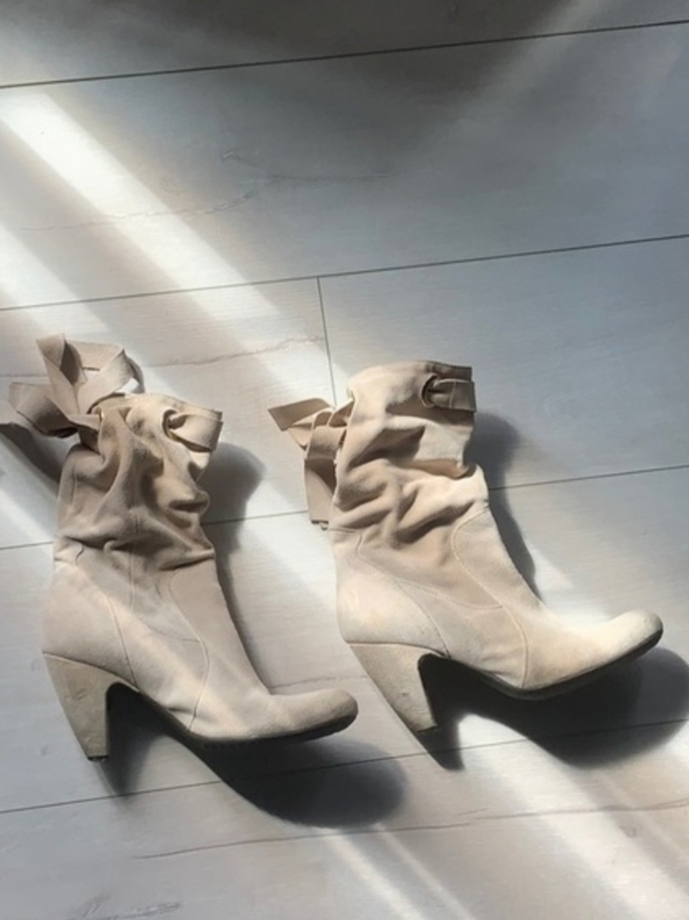 Women's Beige Suede Mid-Heel Ankle Boots with Bow Detail